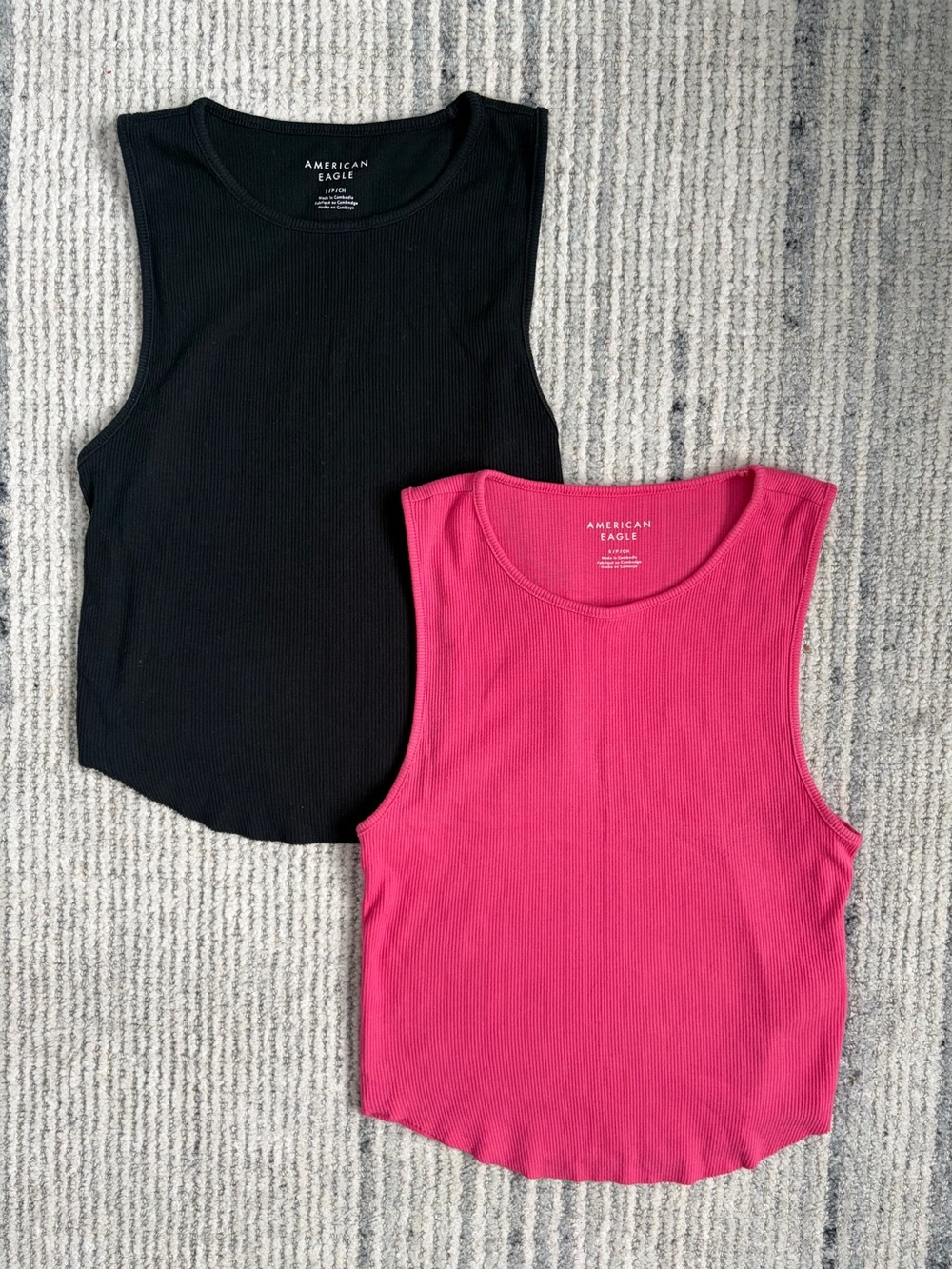American Eagle Ribbed Tank Duo — Black & Hot Pink Size S